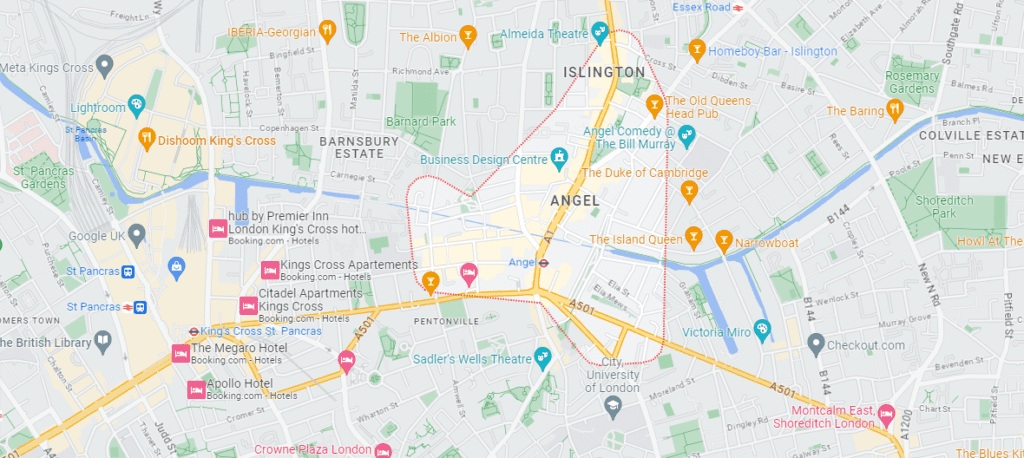 A Google Maps image of the location of Angel in London.