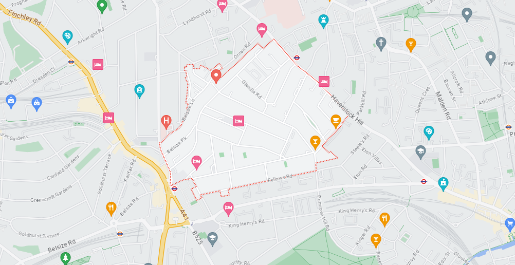 A Google Maps image of the location of Belfize Park.