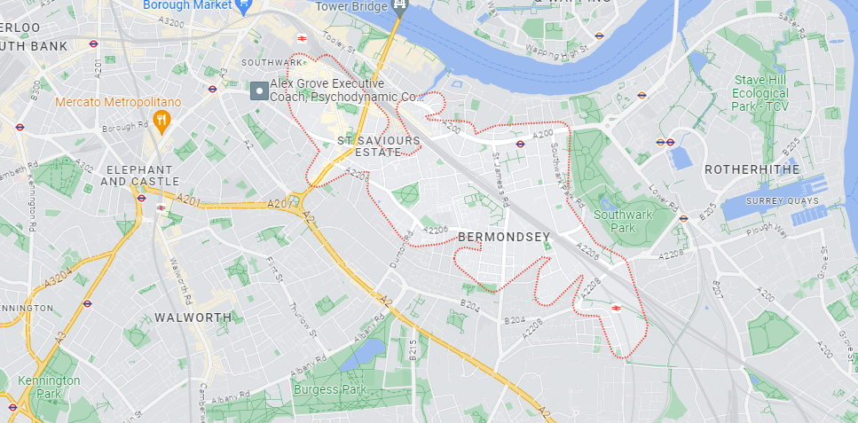 A Google Maps image of the location of Bermondsey in London.