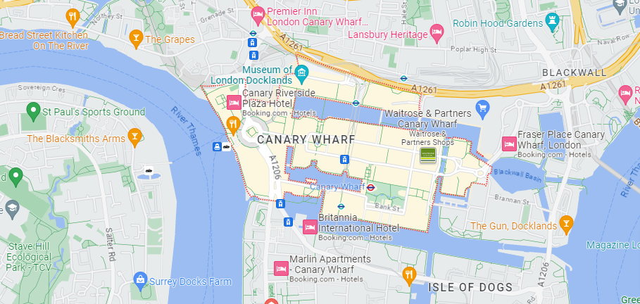 A Google Maps image of the location of Canary Whard in London.