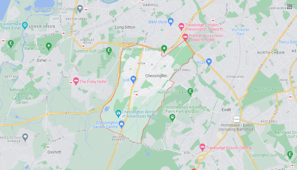 A Google Maps image of the location of Chessington in London.