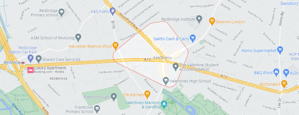 A Google Maps image of the location of Gants Hill in London.