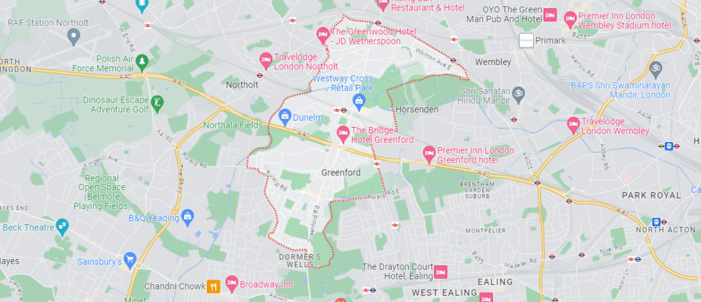 A Google Maps image of the location of Greenford in London.