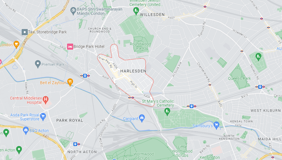 A Google Maps image of the location of Harlesden in London.