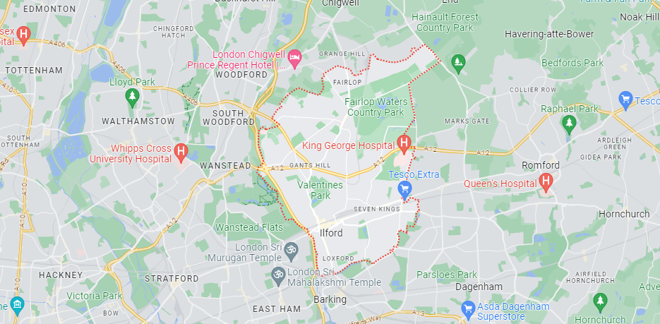 A Google Maps image of the location of Ilford in London.