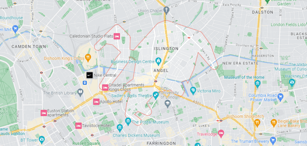 A Google Maps image of the location of Islington in London.