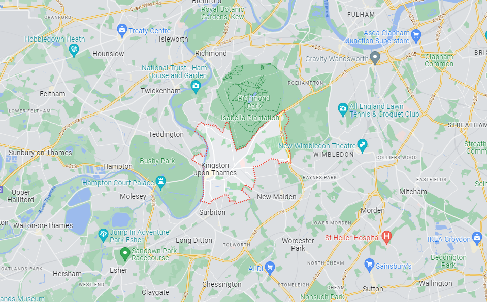 A Google Maps image of the location of Kingston in London.