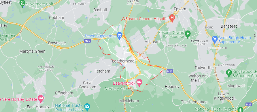 A Google Maps image of the location of Leatherhead in London.
