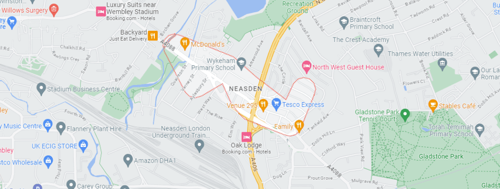 A Google Maps image of the location of Neasden in London.