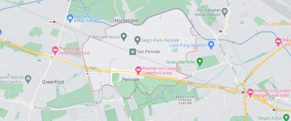 A Google Maps image of the location of Perivale in London.