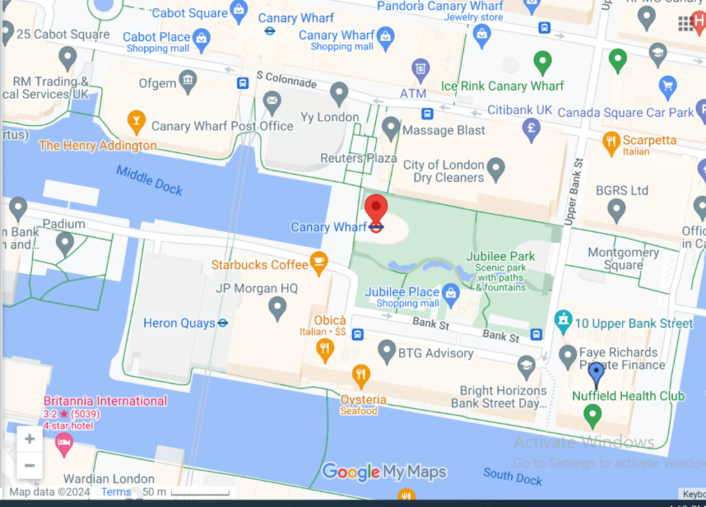 A Google Maps image of the location of Canary Wharf.